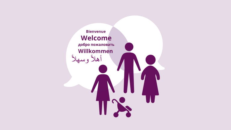 Illustration unterschiedlicher Menschen vor Sprechblasen mit Willkommen in unterschiedlichen Sprachen Illustration unterschiedlicher Menschen vor Sprechblasen mit Willkommen in unterschiedlichen Sprachen