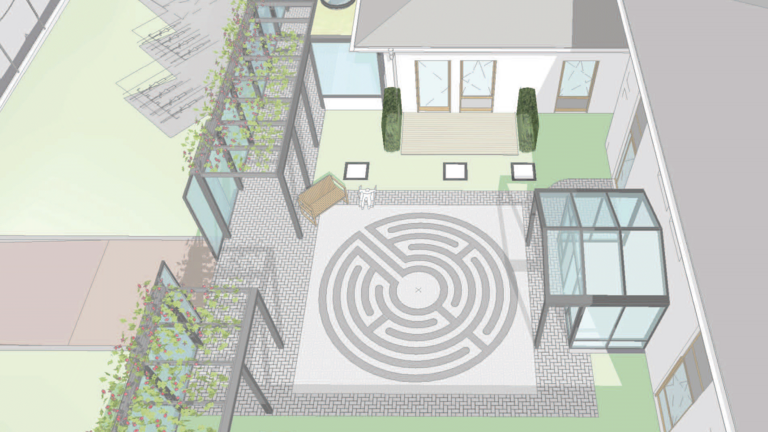 Grafische Architektenzeichnung der Ansicht des Vorplatzes mit Hospizgarten des Diakonie Hospiz Wannsee in Berlin-Wannsee nach der Generalsanierung und Erweiterung.