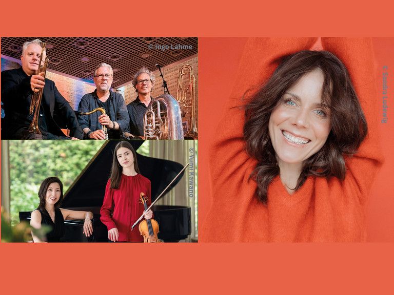 Eine Bildcollage mit Fotografien des Musiktrios „Windspiel“ mit den drei Solisten Frank Delle, Martijn de Laat und Ingo Lahme, der „singenden Dichterin“ Anna Depenbusch und dem Duo Michi Komoto mit ihrer Tochter Sophie Hikari Hoffmann im Uhrzeigersinn zum Benefizkonzert der Albertinen-Stiftung zugunsten der „Herzbrücke“ in der Hamburger Hauptkirche St. Michaelis.