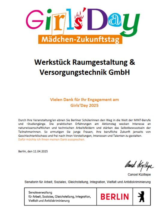 Dankschreiben für das Engagement am Girls' Day 2025 für Werkstück Raumgestaltung & Versorgungstechnik GmbH von Cansel Kiziltepe, Berliner Senatorin für Arbeit, Soziales, Gleichstellung, Integration, Vielfalt und Antidiskriminierung