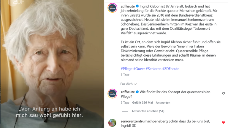 Screenshot eines Instagram Reels vom ZDF mit Bewohnerin Ingrid Klebohn - Immanuel Seniorenzentrum Schöneberg