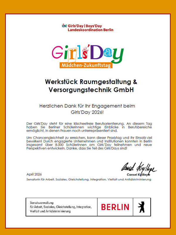 Danksagung der Senatsverwaltung zum Gilr´s Day 2026 für die Werkstück Raumgestaltungs- und Versorgungstechnik GmbH Danksagung der Senatsverwaltung zum Gilr´s Day 2026 für die Werkstück Raumgestaltungs- und Versorgungstechnik GmbH