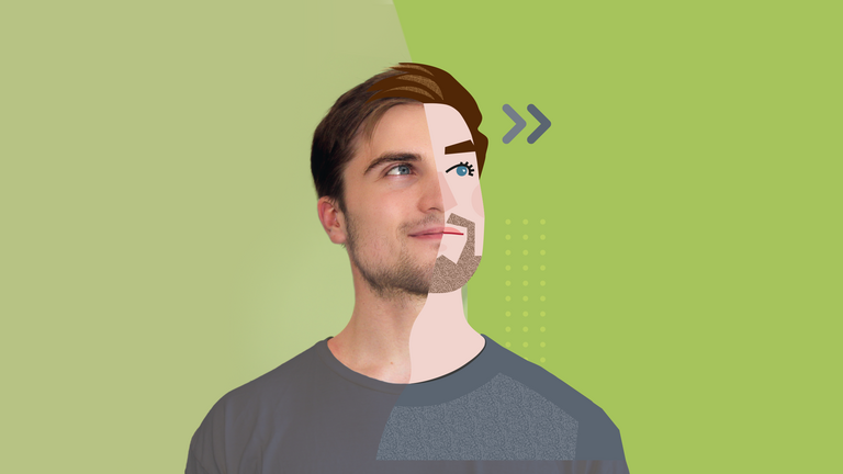 Doppelmotiv eines Portraits eines Auszubildenden aus Foto und Illustration mit zweifarbigem Hintergrund in hell- und dunkelgrün für eine Ausbildungskampagne zur Ausbildung Pflegefachfrau / Pflegefachmann im Immanuel Klinikum Bernau Herzzentrum Brandenburg in Bernau b. Berlin