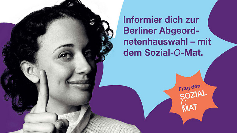 Teaserplakat zum Sozial-O-Mat des Diakonischen Werks Berlin-Brandenburg-schlesische Oberlausitz, eine Frau hebt vor lilanem Hintergrund den Finger und weist auf das Angebot zur Berliner Abgeordnetenhauswahl hin Teaserplakat zum Sozial-O-Mat des Diakonischen Werks Berlin-Brandenburg-schlesische Oberlausitz, eine Frau hebt vor lilanem Hintergrund den Finger und weist auf das Angebot zur Berliner Abgeordnetenhauswahl hin
