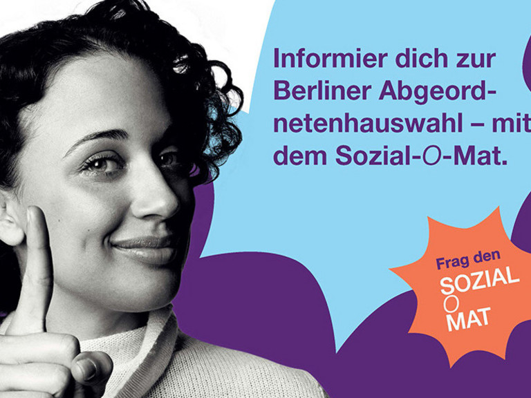 Teaserplakat zum Sozial-O-Mat des Diakonischen Werks Berlin-Brandenburg-schlesische Oberlausitz, eine Frau hebt vor lilanem Hintergrund den Finger und weist auf das Angebot zur Berliner Abgeordnetenhauswahl hin Teaserplakat zum Sozial-O-Mat des Diakonischen Werks Berlin-Brandenburg-schlesische Oberlausitz, eine Frau hebt vor lilanem Hintergrund den Finger und weist auf das Angebot zur Berliner Abgeordnetenhauswahl hin