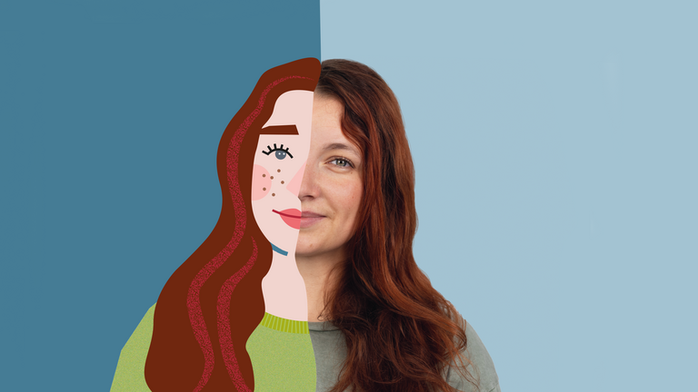 Frau mit halb realem, halb illustrativem Porträt vor zweifarbig blauem Hintergrund – Motiv der Auszubildenden-Kampagne des Immanuel Klinikum Bernau Herzzentrum Brandenburg Frau mit halb realem, halb illustrativem Porträt vor zweifarbig blauem Hintergrund – Motiv der Auszubildenden-Kampagne des Immanuel Klinikum Bernau Herzzentrum Brandenburg