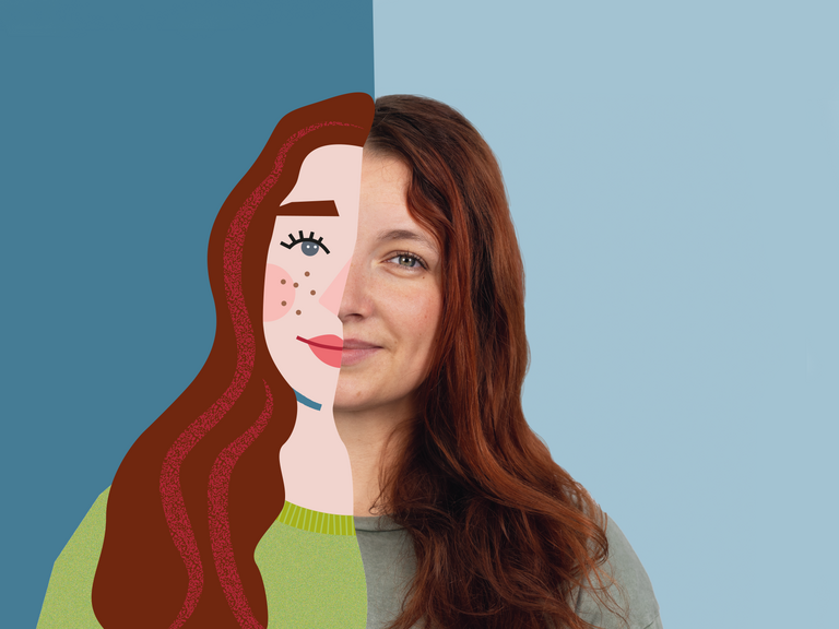 Frau mit halb realem, halb illustrativem Porträt vor zweifarbig blauem Hintergrund – Motiv der Auszubildenden-Kampagne des Immanuel Klinikum Bernau Herzzentrum Brandenburg